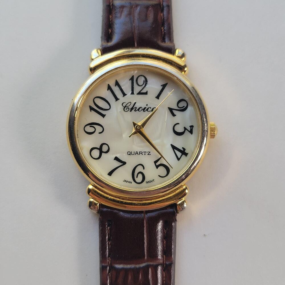 Choice Womens Watch Cream Dial Gold Tone Brown Faux Leather Quartz Japan Movt